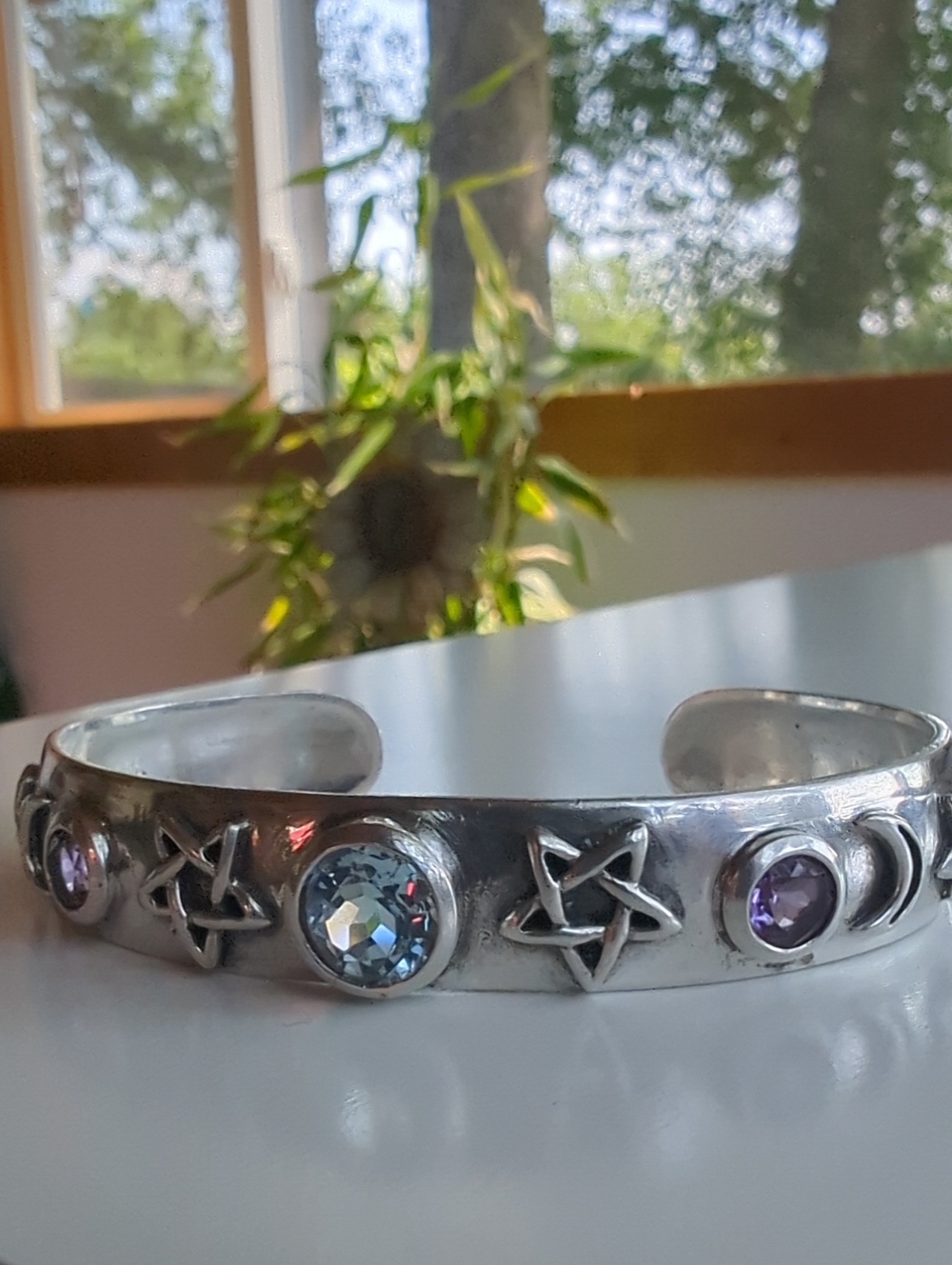 Handmade 925 Solid Sterling Silver Semi Precious Cuff Bracelet, 7"
